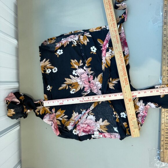 Billabong Shirt Size Medium Floral Crop Flare Sleeve Blouse Button Front Tie Nec - Picture 7 of 7